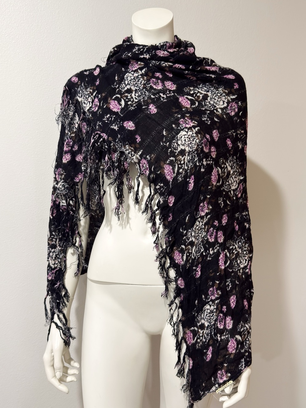 Boho Floral Fringe Black Scarf Pink & White